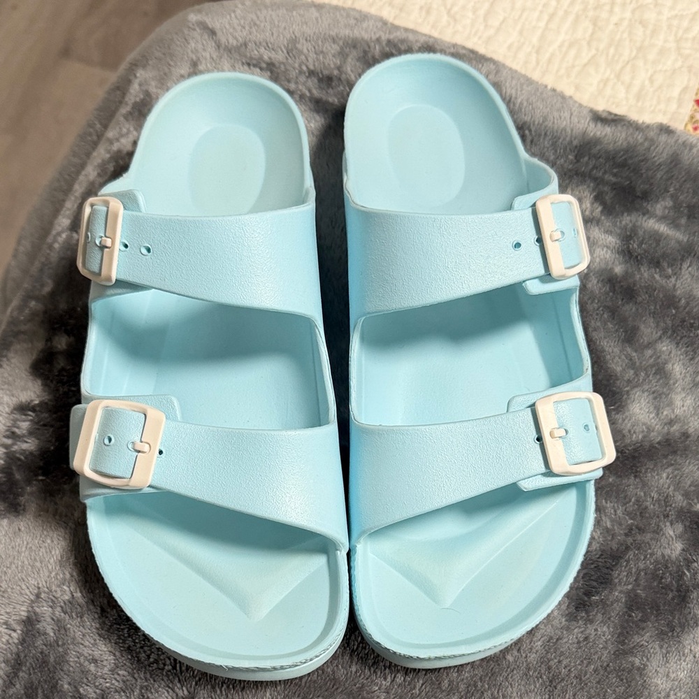 Light Blue Double Buckle Slide Sandals